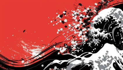 black and red Japanese ink illustration of waves made with flowers, red background, minimalistic design.