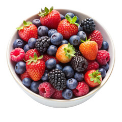 A bowl of vibrant mixed berries isolated on Transparent background.