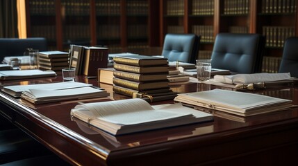 Fototapeta premium A photo of a conference room table with legal papers