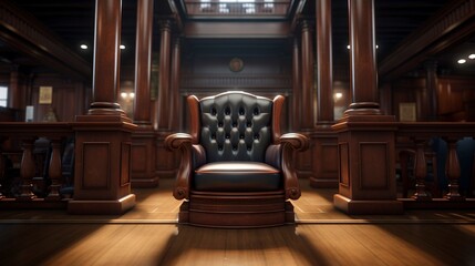 A photo of a courtroom judge's chair.