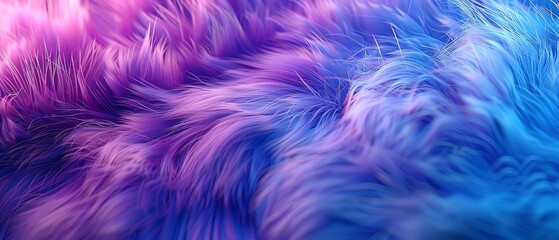 Beautiful background of fluffy fur in blue and purple colors. Photorealistic, detailed photo with soft focus, in the style of Canon R5.