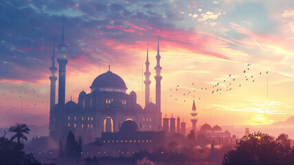 Mosque at sunset background