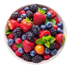 A bowl of vibrant mixed berries isolated on Transparent background.