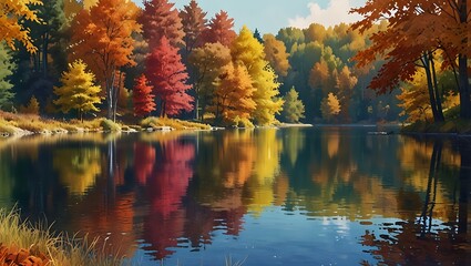 colorful trees in the fall season reflecting on a calm lake