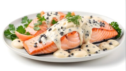 delicious salmon with cream sauce isolated on white