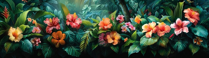 Background Tropical. The scent of damp earth mingles with the perfume of flowers, creating an intoxicating aroma that hangs heavy in the air and fills the senses with a deep sense of peace.