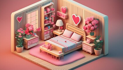 アイソメトリックで見たラブリーでかわいいラブな部屋