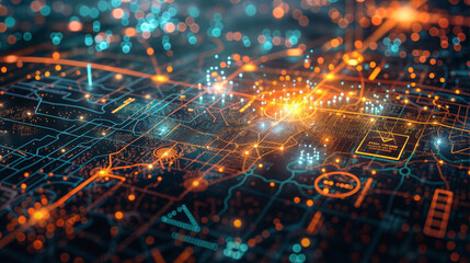 Fototapeta premium GPS device projecting realistic technology highway maps in a holographic fashion, teal, orange, navy blue. Digital energetic cityscape with glowing orange lights and a circuit board design.