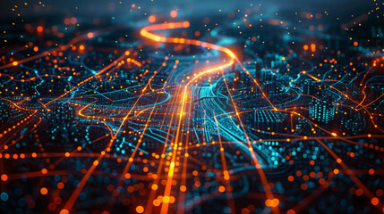 Abstract representation of a city street network, with glowing orange lines representing roads and bright blue points symbolizing buildings but could also represent circuits, and information in GPS.