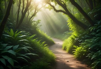  A dirt path winding through a lush, tropical jungle with tall palm trees, dense foliage, and sunlight streaming through the canopy