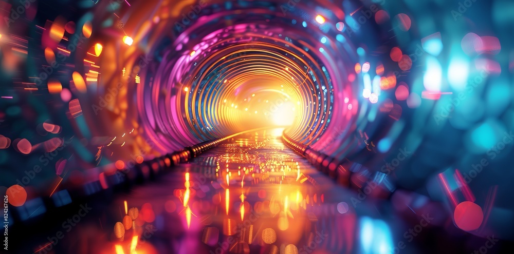 Poster a long colorful tunnel with glowing lights and reflections, creating an otherworldly atmosphere.