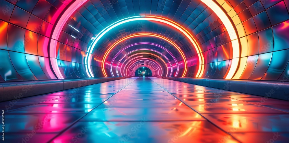 Aufkleber a long corridor of vibrant colors. abstract colorful tunnel with glowing lights and reflections. cre