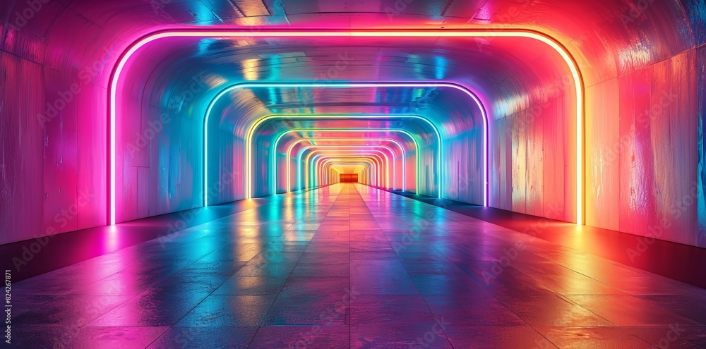 Aufkleber a long corridor of vibrant colors. abstract colorful tunnel with glowing lights and reflections. cre