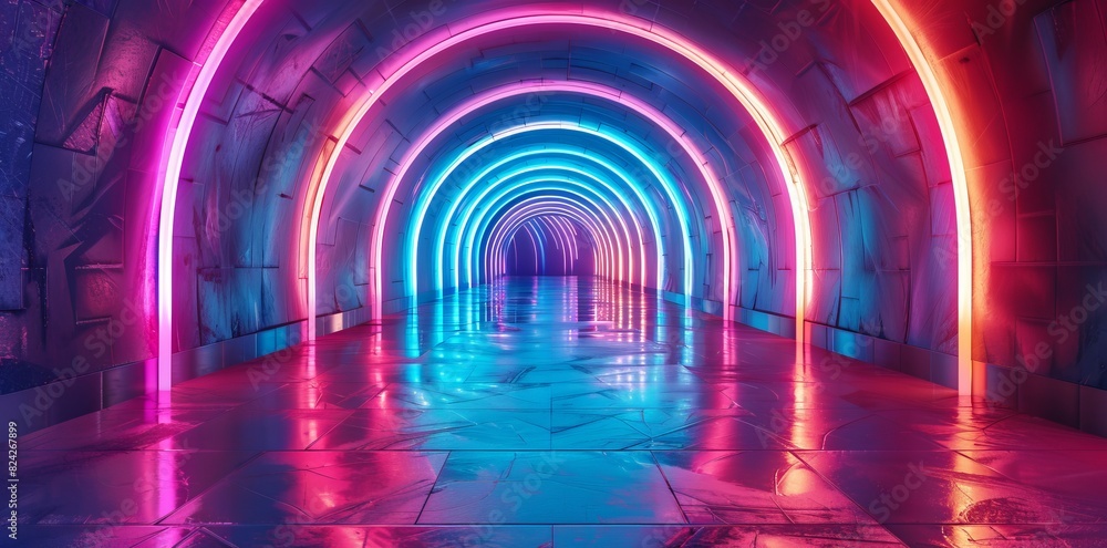 Aufkleber abstract colorful tunnel with glowing lights and neon arches. abstract background of futuristic corr