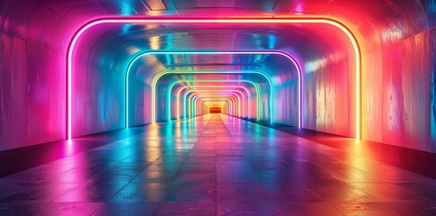 A long corridor of vibrant colors. Abstract colorful tunnel with glowing lights and reflections. creating an immersive background for creative design projects.