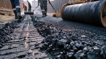 Workers on a construction site using large hot rollers to press and bond layers of asphalt onto a road foundation.