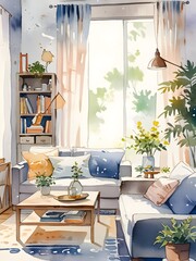 Cozy Living Room Watercolor Art