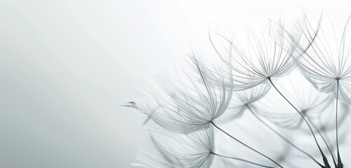 close up of dandelion seeds, macro photography, soft focus, monochrome background, white and grey.