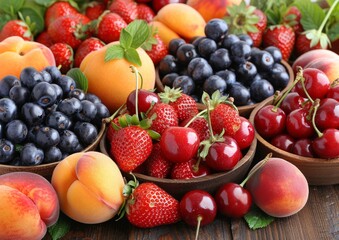 A Vibrant Display of Fresh Summer Fruits â€“ Strawberries, Blueberries, Cherries, Peaches, and Apricots Arranged in Wooden Bowls with Green Leaves