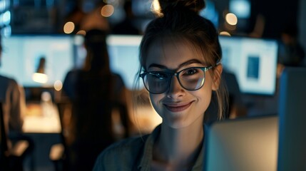 Naklejka premium Young successful businesswoman at corporate office looking at camera. Smile and give off a confident look