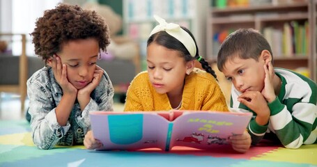 Children, kindergarten and reading book in classroom, childhood development and growth for vocabulary in school. Listening, knowledge and information with storybook, learning and fantasy for friends - Powered by Adobe