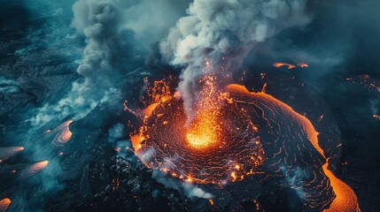 An aerial view of exploding volcano