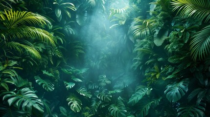 Background Tropical. Giant ferns unfurl their fronds like emerald fans, while towering palms sway gracefully in the warm breeze, painting a picture of serenity and tranquility in the heart of the jung