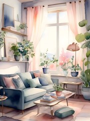 Cozy Living Room Watercolor Art