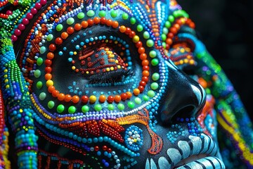 Obraz premium Vibrant neon bead anime Mexican lady skull depicted in full face on black background.