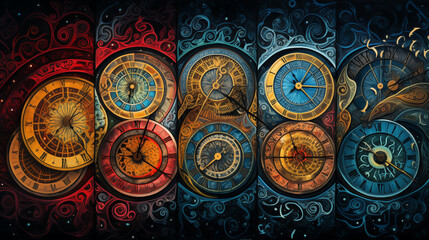 A vibrant, abstract painting featuring five ornate clocks with intricate designs and swirling patterns in the background.