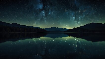 night sky full of stars, reflecting on a calm lake surrounded by mountains