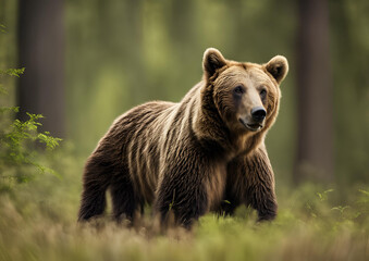 Obraz premium A Wild Brown Bear (Ursus Arctos) in the summer forest, captured in its natural habitat. A true wildlife scene.
