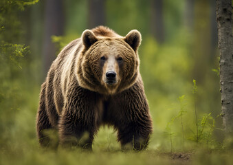 Fototapeta premium A Wild Brown Bear (Ursus Arctos) in the summer forest, captured in its natural habitat. A true wildlife scene.