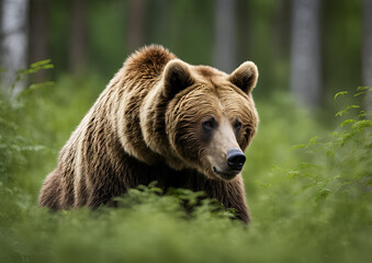 Obraz premium A Wild Brown Bear (Ursus Arctos) in the summer forest, captured in its natural habitat. A true wildlife scene.