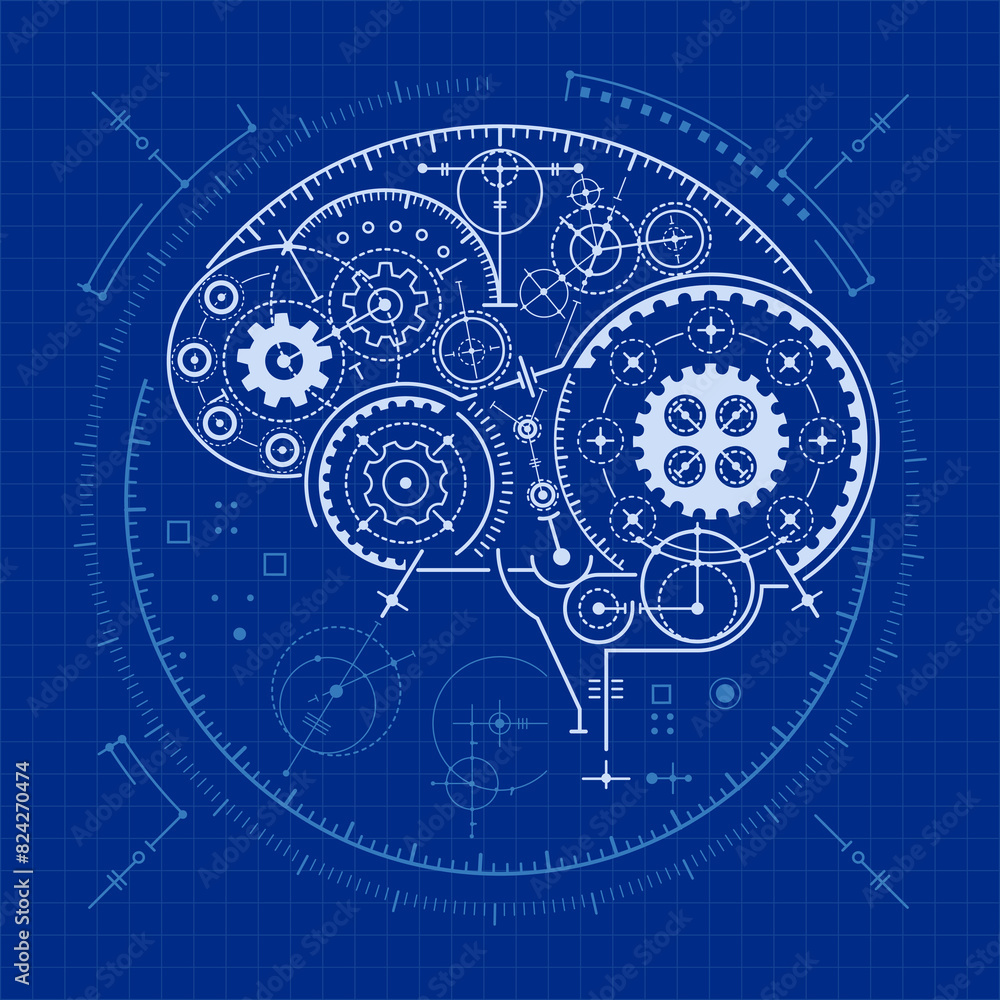 Poster concept of machine learning, graphic of deep learning diagram of ai brain presented in blueprint