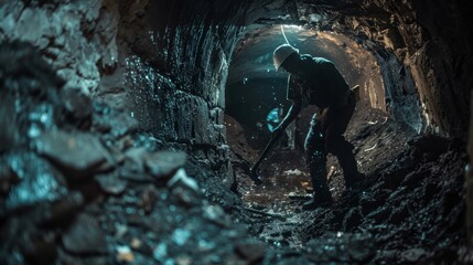 In a dimly lit mine shaft an artisanal coal collector extracts small pieces of coal from the walls with a pickaxe.