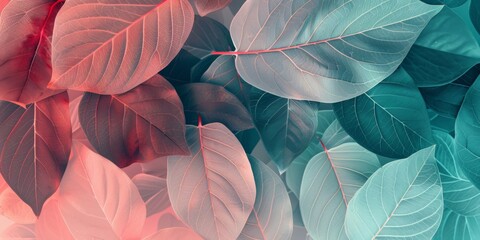 A composition of various large leaves in shades of teal, pink, and purple overlapping each other on an isolated pastel background with soft lighting. nature.