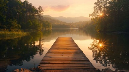 A wooden bridge with mountain and sunset view