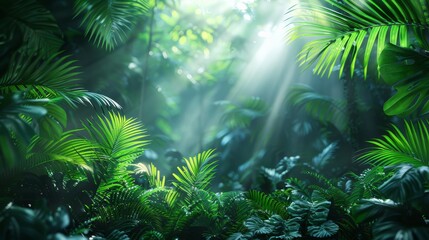 Background Tropical. Amidst the vibrant greenery, the rainforest exhibits endless shades of green, creating a soothing and tranquil environment that is both calming and rejuvenating.
