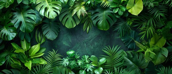 Background Tropical. Enveloped by verdant foliage, the rainforest serves as a green oasis, providing a refreshing and revitalizing escape from the outside world with its vibrant plant life.