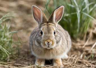 Fototapeta premium A young European rabbit (Oryctolagus cuniculus) faces the camera.