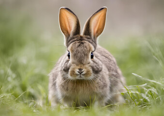 Fototapeta premium A young European rabbit (Oryctolagus cuniculus) faces the camera.