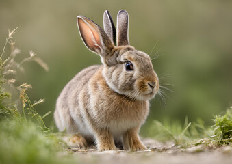 Fototapeta premium A young European rabbit (Oryctolagus cuniculus) faces the camera.