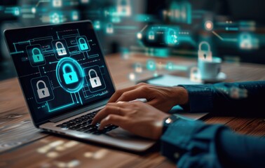 Businessman securing virtual data with laptop and padlock icons, ensuring digital safety