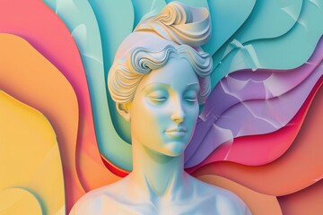 3D rendering of a colorful abstract geometric background with a beautiful woman head statue