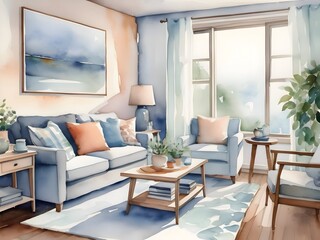 Fototapeta premium Cozy Living Room Watercolor Art
