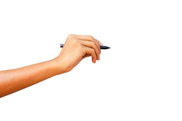 The businessman's hand holds a pen on white background, clipping path