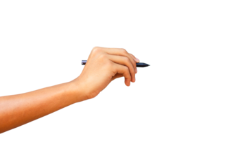 The businessman's hand holds a pen on white background, clipping path
