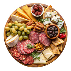 A charcuterie board with an assortment of meats and cheeses. isolated on Transparent background.