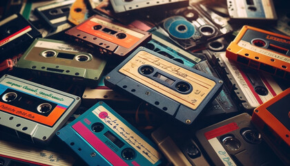 A close-up view of a pile of retro cassette tapes - Generative AI